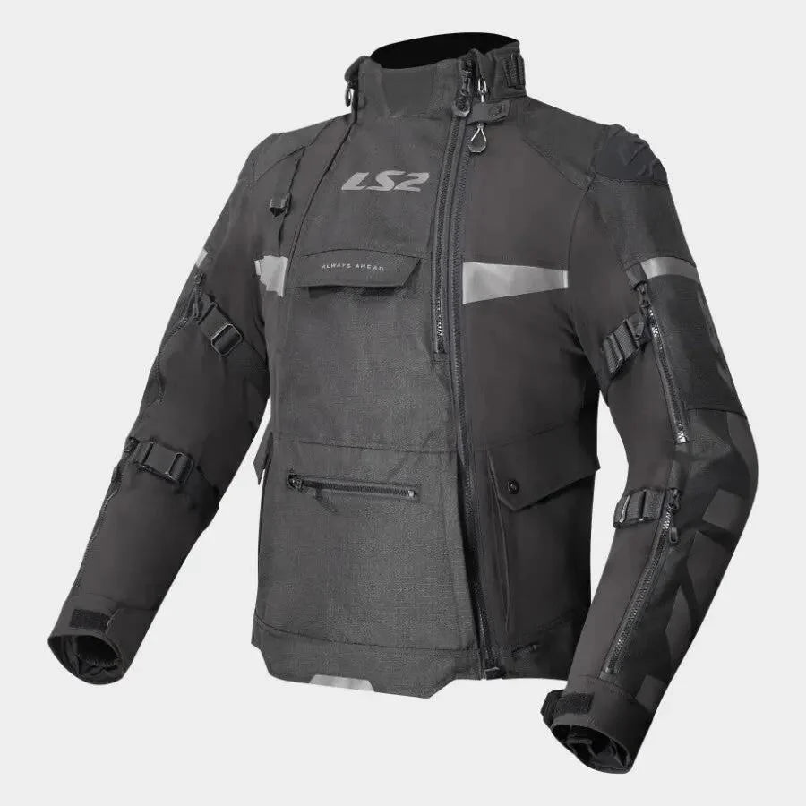 Black motorcycle jacket with reflective elements on a white background
