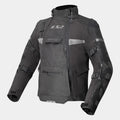Black motorcycle jacket with reflective elements on a white background
